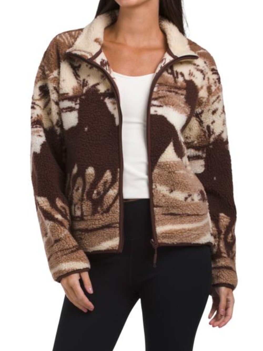 KYODAN Sherpa Horse Landscape Mock Neck Full Zip Jacket